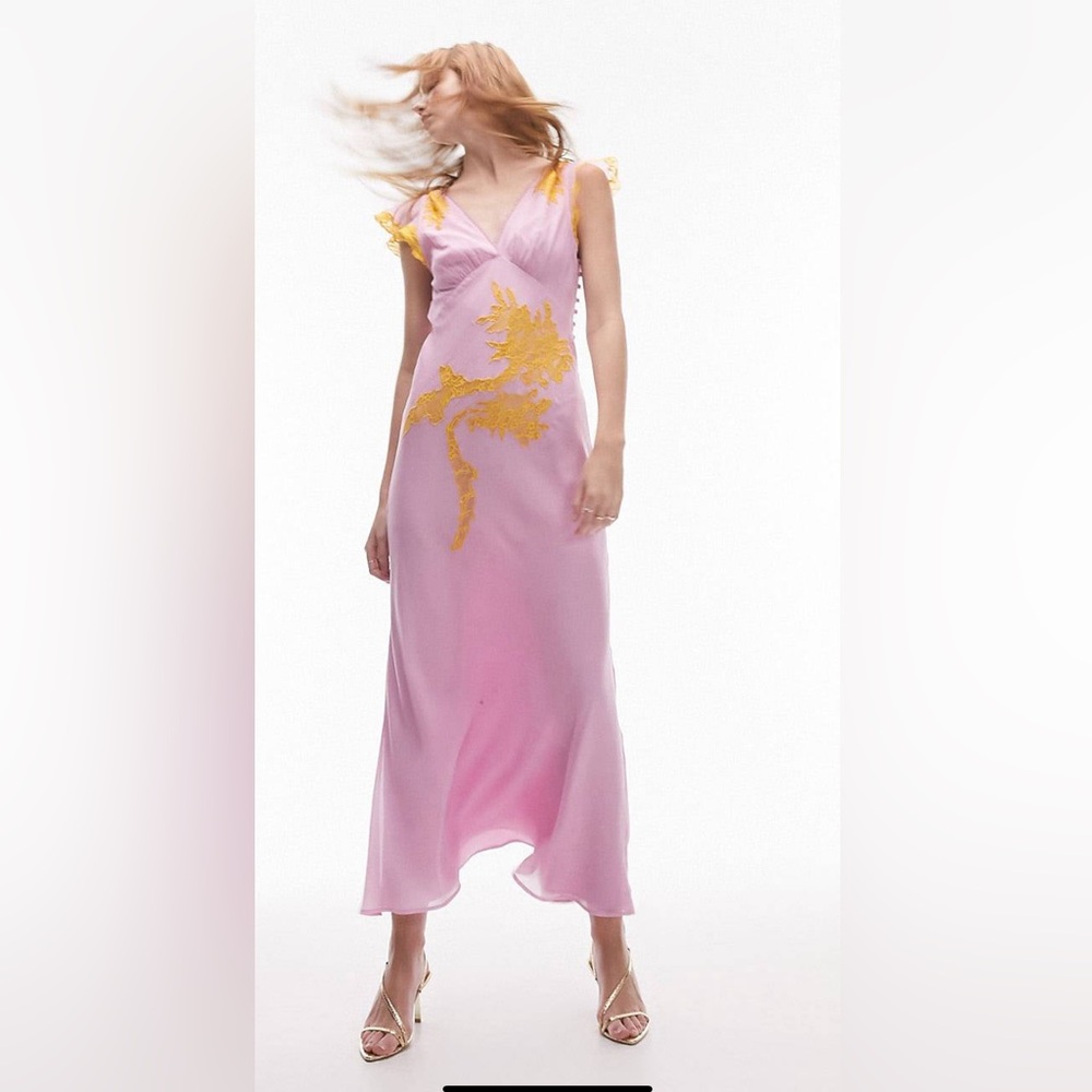 Asos V Neck Lace Insert Dress in Pink & Orange 1